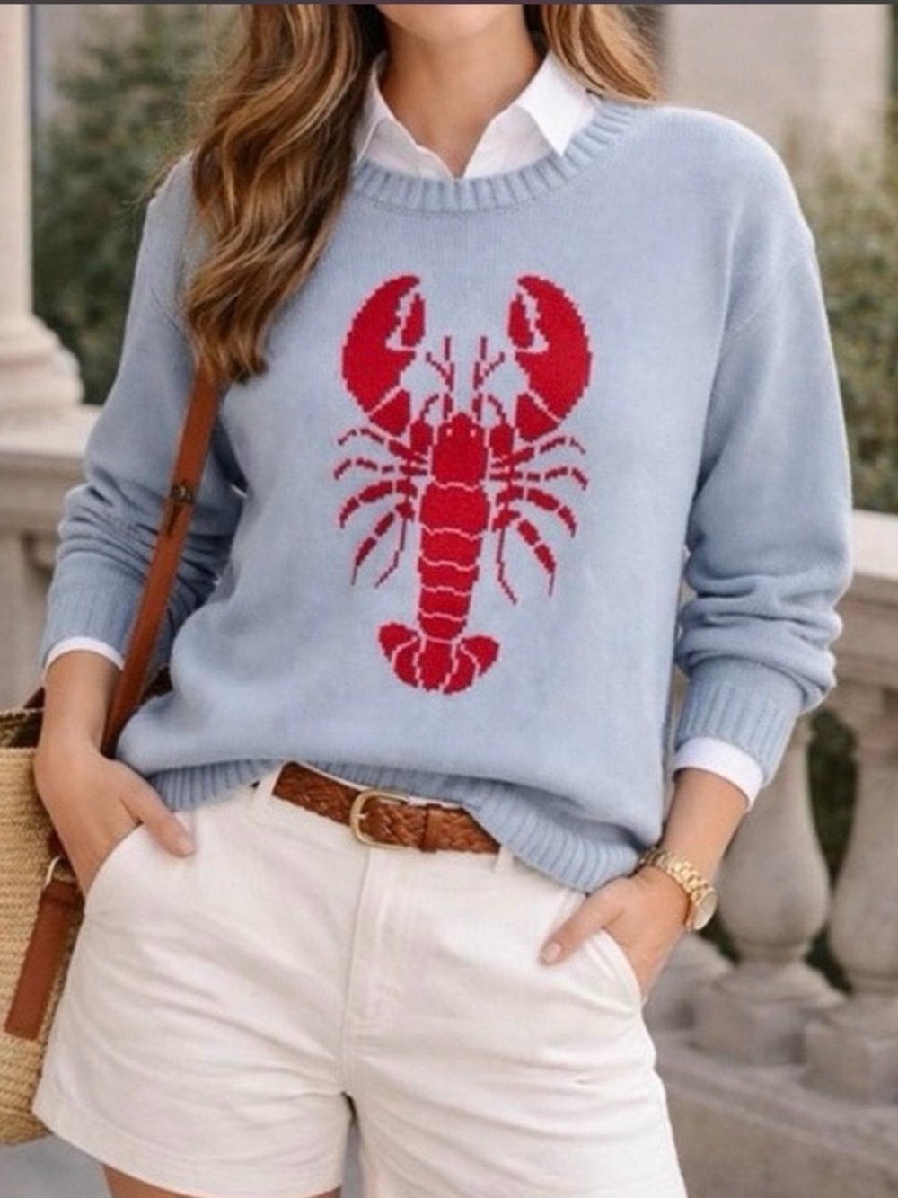 Mighty Fine Light Blue Knit Red Lobster Sweater Size Medium NWT